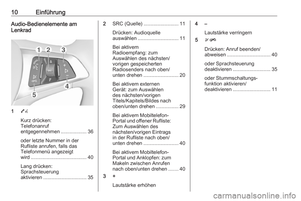 OPEL ADAM 2016.5  Infotainment-Handbuch (in German) 10EinführungAudio-Bedienelemente am
Lenkrad
1 7w
Kurz drücken:
Telefonanruf
entgegennehmen ..................36
oder letzte Nummer in der
Rufliste anrufen, falls das
Telefonmenü angezeigt
wird ....