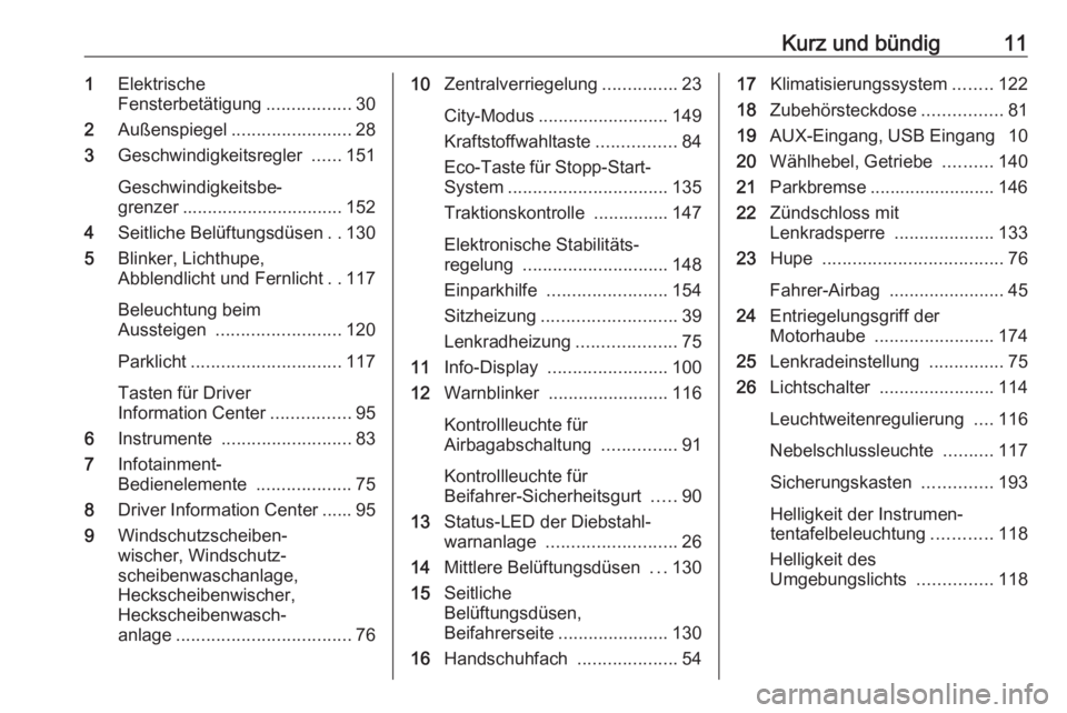OPEL ADAM 2018.5  Betriebsanleitung (in German) Kurz und bündig111Elektrische
Fensterbetätigung .................30
2 Außenspiegel ........................ 28
3 Geschwindigkeitsregler  ......151
Geschwindigkeitsbe‐
grenzer ....................