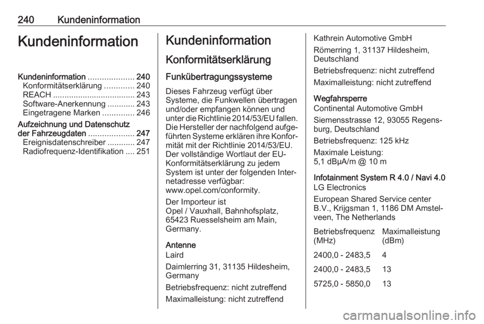 OPEL ADAM 2018.5 Betriebsanleitung (in German) 240KundeninformationKundeninformationKundeninformation....................240
Konformitätserklärung .............240
REACH .................................... 243
Software-Anerkennung ............2 OPEL ADAM 2018.5 Betriebsanleitung (in German) 240KundeninformationKundeninformationKundeninformation....................240
Konformitätserklärung .............240
REACH .................................... 243
Software-Anerkennung ............2