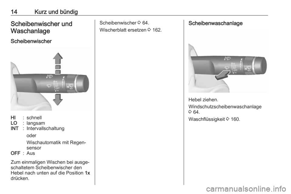 OPEL ADAM 2019  Betriebsanleitung (in German) 14Kurz und bündigScheibenwischer und
Waschanlage
ScheibenwischerHI:schnellLO:langsamINT:Intervallschaltung
oder
Wischautomatik mit Regen‐
sensorOFF:Aus
Zum einmaligen Wischen bei ausge‐ schaltete