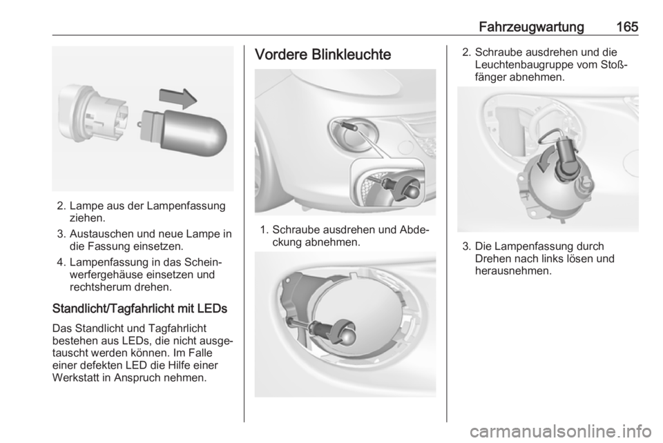OPEL ADAM 2019  Betriebsanleitung (in German) Fahrzeugwartung165
2. Lampe aus der Lampenfassungziehen.
3. Austauschen und neue Lampe in die Fassung einsetzen.
4. Lampenfassung in das Schein‐ werfergehäuse einsetzen und
rechtsherum drehen.
Stan