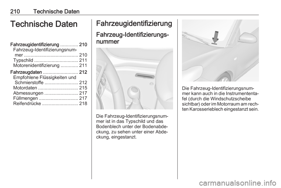 OPEL ADAM 2019  Betriebsanleitung (in German) 210Technische DatenTechnische DatenFahrzeugidentifizierung.............210
Fahrzeug-Identifizierungsnum‐ mer ......................................... 210
Typschild .................................