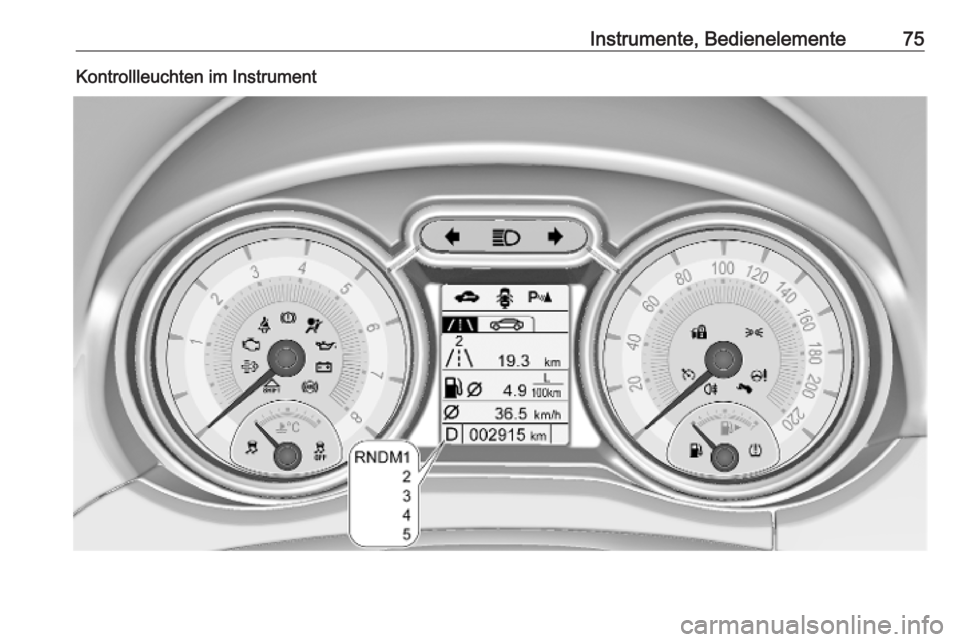 OPEL ADAM 2019 Betriebsanleitung (in German) Instrumente, Bedienelemente75Kontrollleuchten im Instrument OPEL ADAM 2019 Betriebsanleitung (in German) Instrumente, Bedienelemente75Kontrollleuchten im Instrument