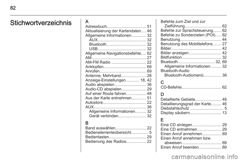 OPEL AMPERA 2015  Infotainment-Handbuch (in German) 82StichwortverzeichnisAAdressbuch................................... 51Aktualisierung der Kartendaten ....46
Allgemeine Informationen .............32
AUX ........................................... 32