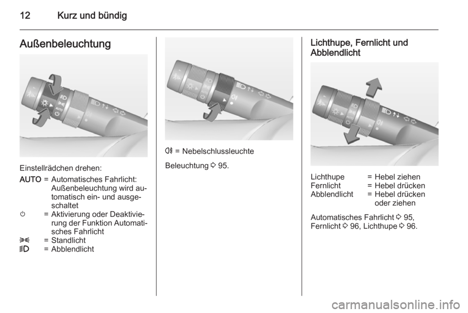 OPEL AMPERA 2015  Betriebsanleitung (in German) 12Kurz und bündigAußenbeleuchtung
Einstellrädchen drehen:
AUTO=Automatisches Fahrlicht:
Außenbeleuchtung wird au‐
tomatisch ein- und ausge‐
schaltetm=Aktivierung oder Deaktivie‐
rung der Fun