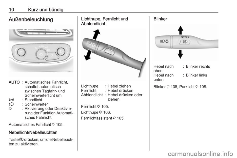 OPEL AMPERA E 2017.5  Betriebsanleitung (in German) 10Kurz und bündigAußenbeleuchtungAUTO:Automatisches Fahrlicht,
schaltet automatisch
zwischen Tagfahr- und
Scheinwerferlicht um8:Standlicht9:Scheinwerferm:Aktivierung oder Deaktivie‐
rung der Funkt