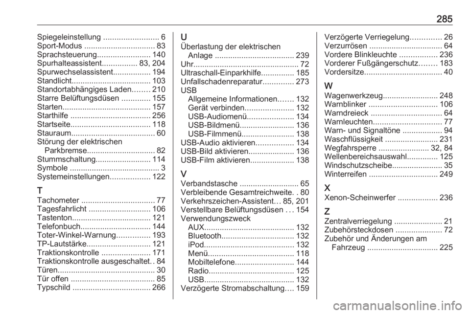 OPEL AMPERA E 2018  Betriebsanleitung (in German) 285Spiegeleinstellung .........................6
Sport-Modus  ................................ 83
Sprachsteuerung ........................140
Spurhalteassistent ................83, 204
Spurwechselassi