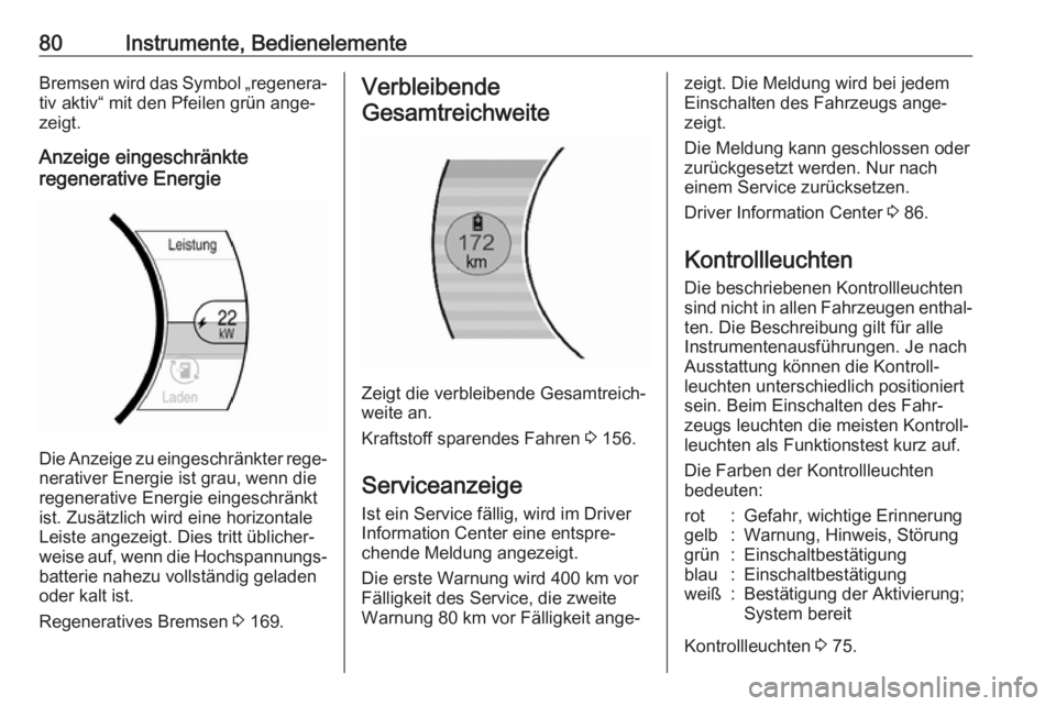 OPEL AMPERA E 2018  Betriebsanleitung (in German) 80Instrumente, BedienelementeBremsen wird das Symbol „regenera‐
tiv aktiv“ mit den Pfeilen grün ange‐ zeigt.
Anzeige eingeschränkte
regenerative Energie
Die Anzeige zu eingeschränkter rege�
