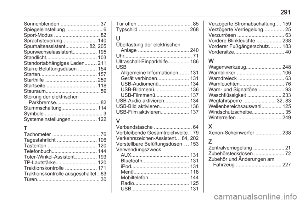 OPEL AMPERA E 2018.5  Betriebsanleitung (in German) 291Sonnenblenden ........................... 37
Spiegeleinstellung  .........................6
Sport-Modus  ................................ 82
Sprachsteuerung ........................140
Spurhalteass