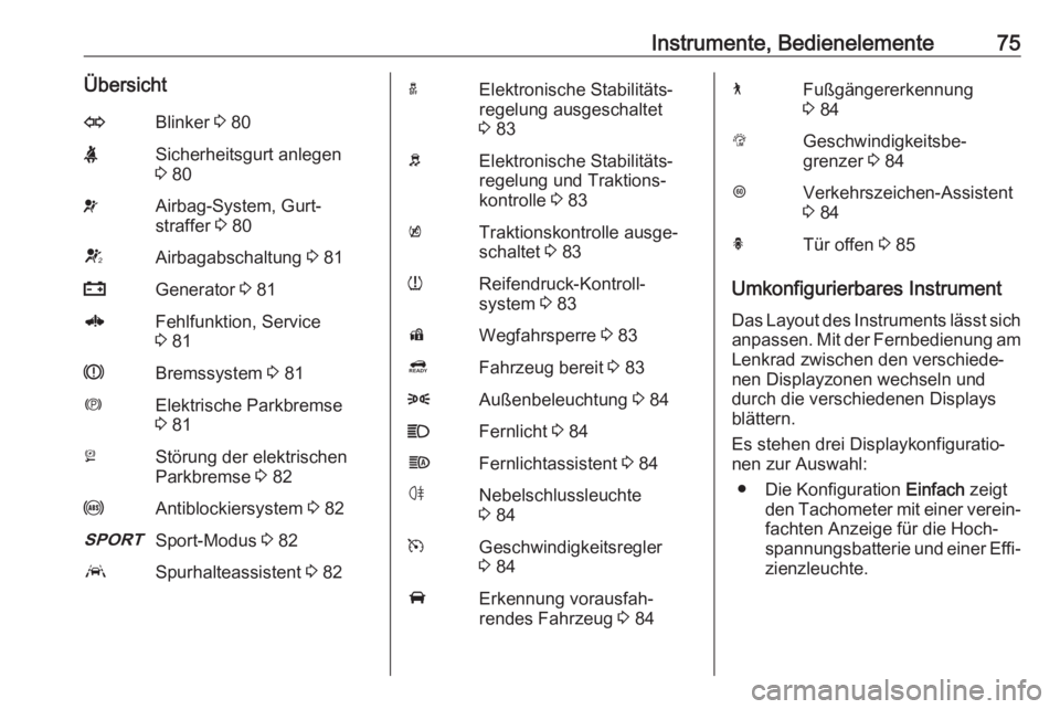 OPEL AMPERA E 2018.5  Betriebsanleitung (in German) Instrumente, Bedienelemente75ÜbersichtOBlinker 3 80XSicherheitsgurt anlegen
3  80vAirbag-System, Gurt‐
straffer  3 80VAirbagabschaltung  3 81pGenerator  3 816Fehlfunktion, Service
3  81RBremssystem