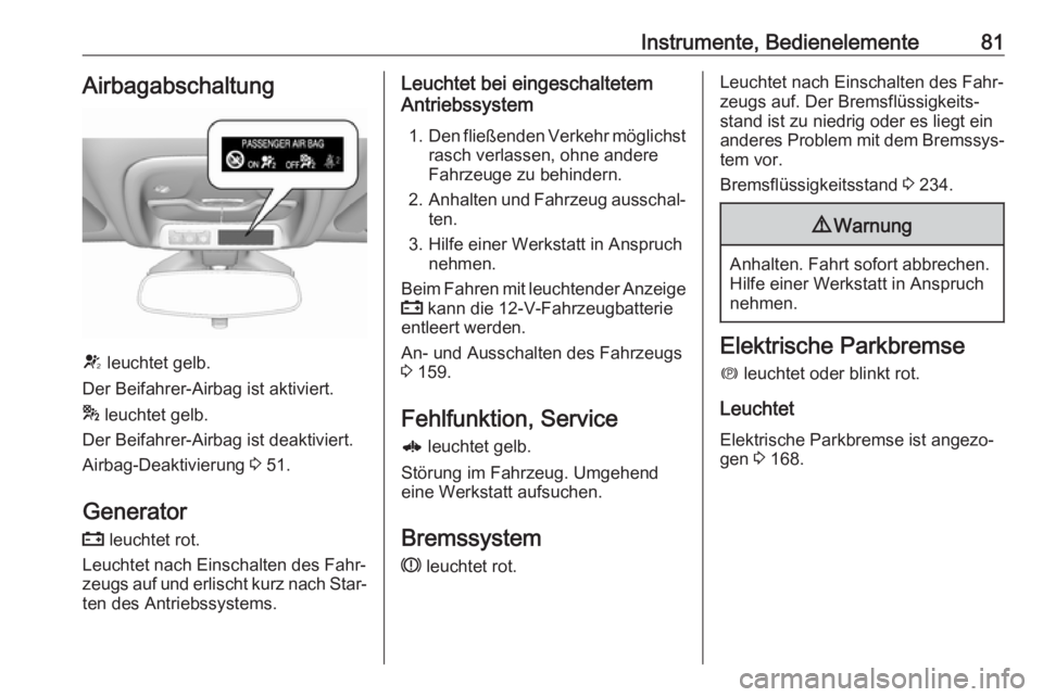 OPEL AMPERA E 2018.5  Betriebsanleitung (in German) Instrumente, Bedienelemente81Airbagabschaltung
V leuchtet gelb.
Der Beifahrer-Airbag ist aktiviert.
*  leuchtet gelb.
Der Beifahrer-Airbag ist deaktiviert.
Airbag-Deaktivierung  3 51.
Generator p  leu