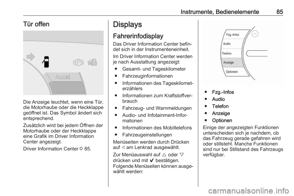 OPEL AMPERA E 2018.5  Betriebsanleitung (in German) Instrumente, Bedienelemente85Tür offen
Die Anzeige leuchtet, wenn eine Tür,
die Motorhaube oder die Heckklappe
geöffnet ist. Das Symbol ändert sich
entsprechend.
Zusätzlich wird bei jedem Öffnen