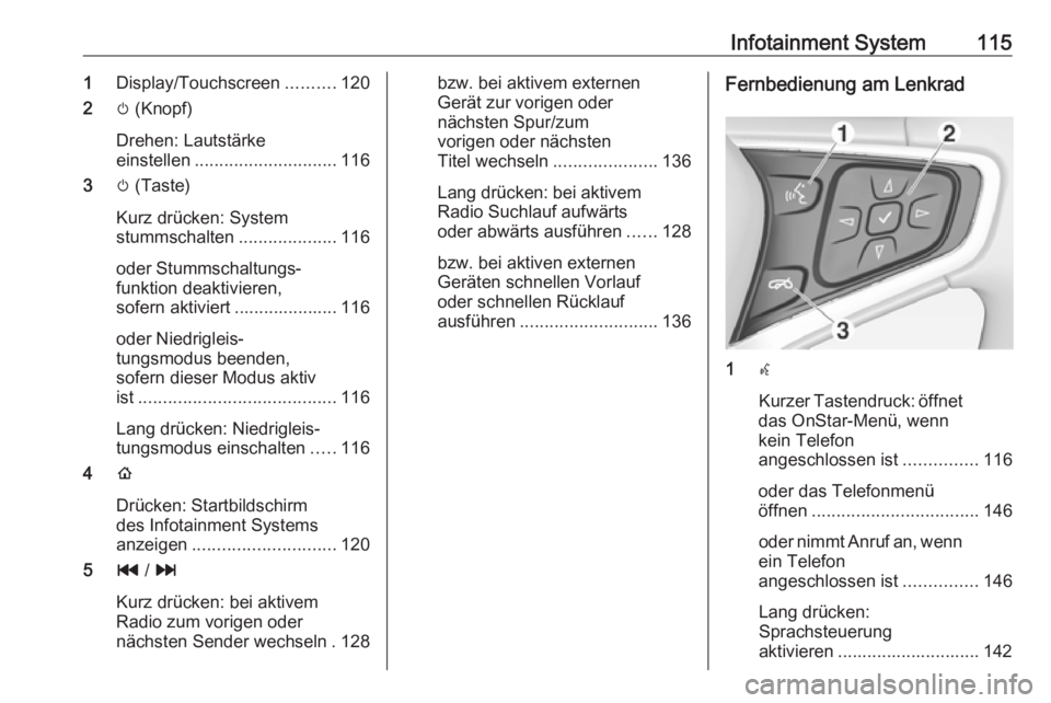 OPEL AMPERA E 2019  Betriebsanleitung (in German) Infotainment System1151Display/Touchscreen ..........120
2 m (Knopf)
Drehen: Lautstärke
einstellen ............................. 116
3 m (Taste)
Kurz drücken: System
stummschalten ..................