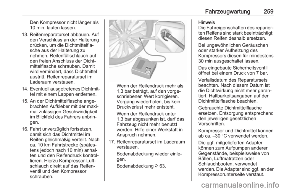 OPEL AMPERA E 2019  Betriebsanleitung (in German) Fahrzeugwartung259Den Kompressor nicht länger als
10 min. laufen lassen.
13. Reifenreparaturset abbauen. Auf den Verschluss an der Halterung
drücken, um die Dichtmittelfla‐
sche aus der Halterung 