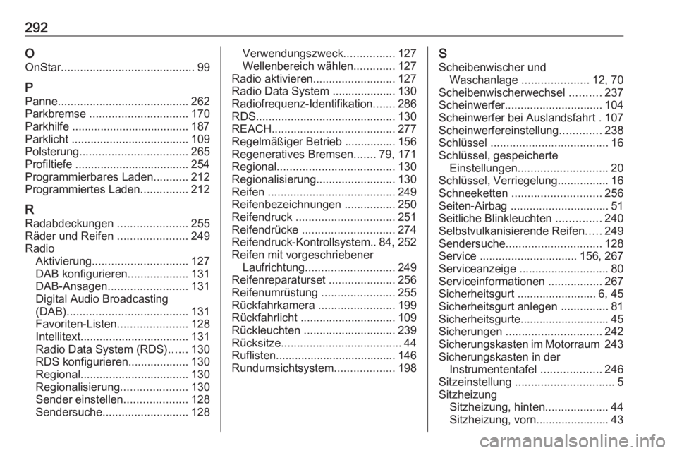 OPEL AMPERA E 2019  Betriebsanleitung (in German) 292OOnStar .......................................... 99
P Panne ......................................... 262
Parkbremse  ............................... 170
Parkhilfe ...............................