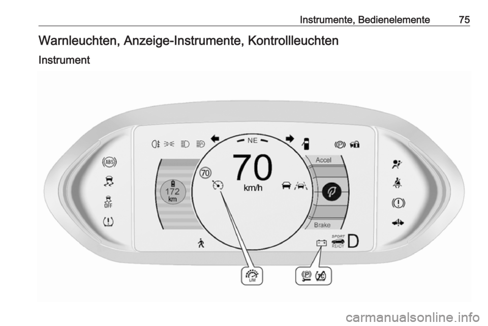 OPEL AMPERA E 2019  Betriebsanleitung (in German) Instrumente, Bedienelemente75Warnleuchten, Anzeige-Instrumente, Kontrollleuchten
Instrument 