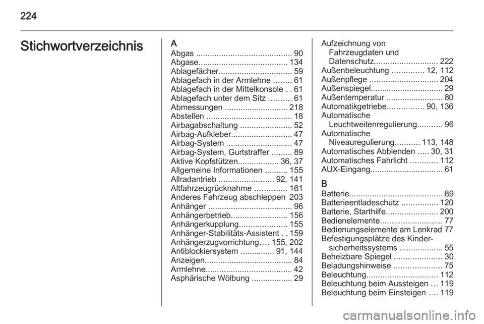 OPEL ANTARA 2014.5  Betriebsanleitung (in German) 224StichwortverzeichnisAAbgas  .......................................... 90
Abgase ....................................... 134
Ablagefächer ................................ 59
Ablagefach in der Arml