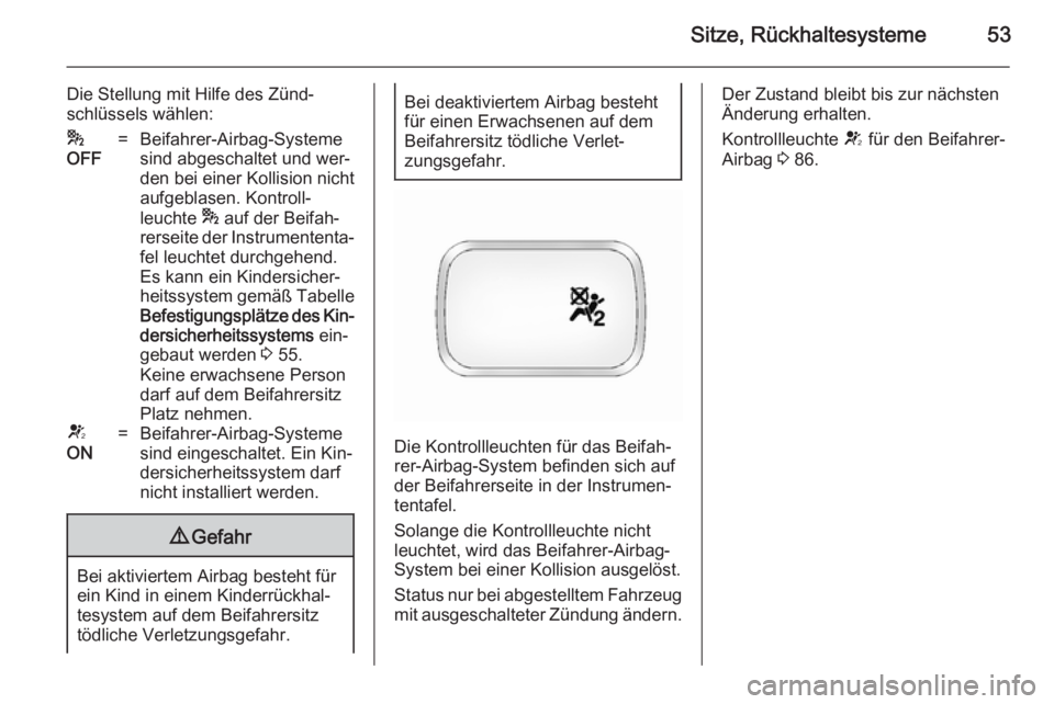 OPEL ANTARA 2014.5  Betriebsanleitung (in German) Sitze, Rückhaltesysteme53
Die Stellung mit Hilfe des Zünd‐
schlüssels wählen:*
OFF=Beifahrer-Airbag-Systeme
sind abgeschaltet und wer‐
den bei einer Kollision nicht
aufgeblasen. Kontroll‐
le