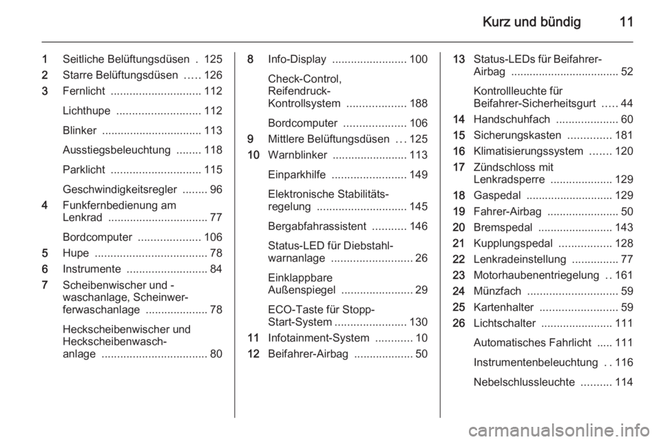 OPEL ANTARA 2015  Betriebsanleitung (in German) Kurz und bündig11
1Seitliche Belüftungsdüsen  . 125
2 Starre Belüftungsdüsen  .....126
3 Fernlicht  ............................. 112
Lichthupe  ........................... 112
Blinker  .........