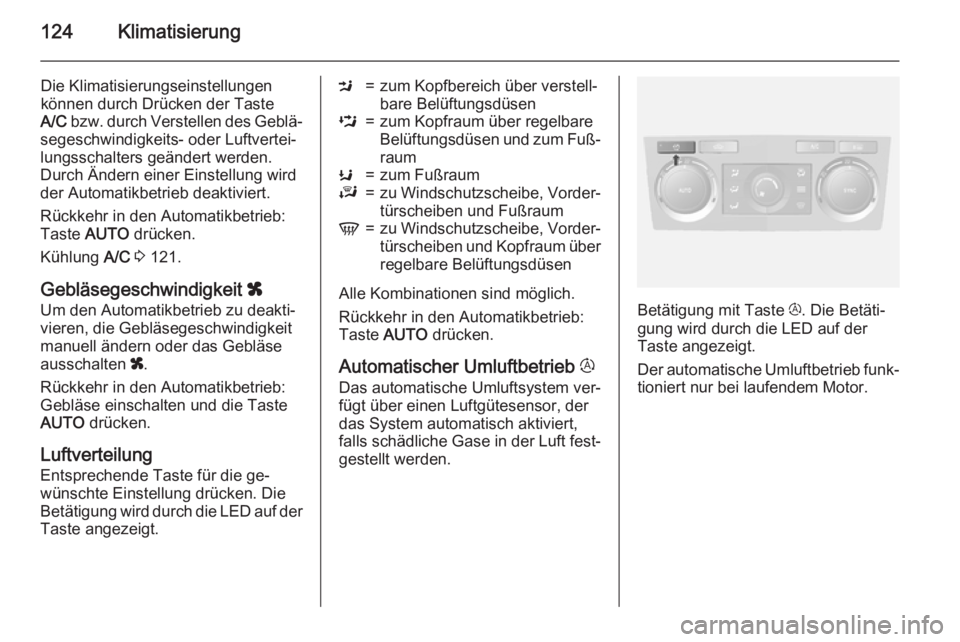 OPEL ANTARA 2015  Betriebsanleitung (in German) 124Klimatisierung
Die Klimatisierungseinstellungenkönnen durch Drücken der Taste
A/C  bzw. durch Verstellen des Geblä‐
segeschwindigkeits- oder Luftvertei‐
lungsschalters geändert werden. Durc