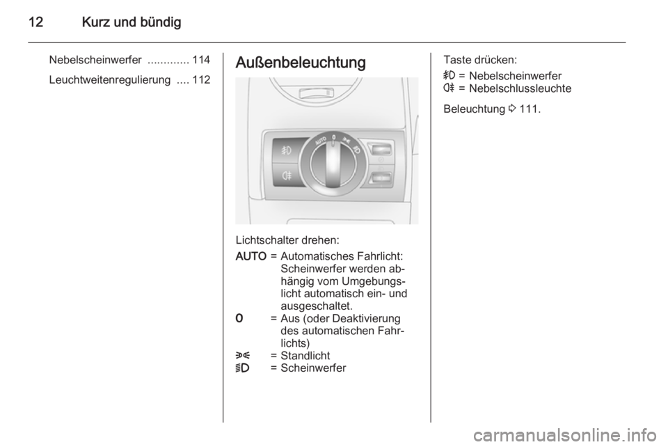 OPEL ANTARA 2015  Betriebsanleitung (in German) 12Kurz und bündig
Nebelscheinwerfer .............114
Leuchtweitenregulierung  ....112Außenbeleuchtung
Lichtschalter drehen:
AUTO=Automatisches Fahrlicht:
Scheinwerfer werden ab‐
hängig vom Umgebu