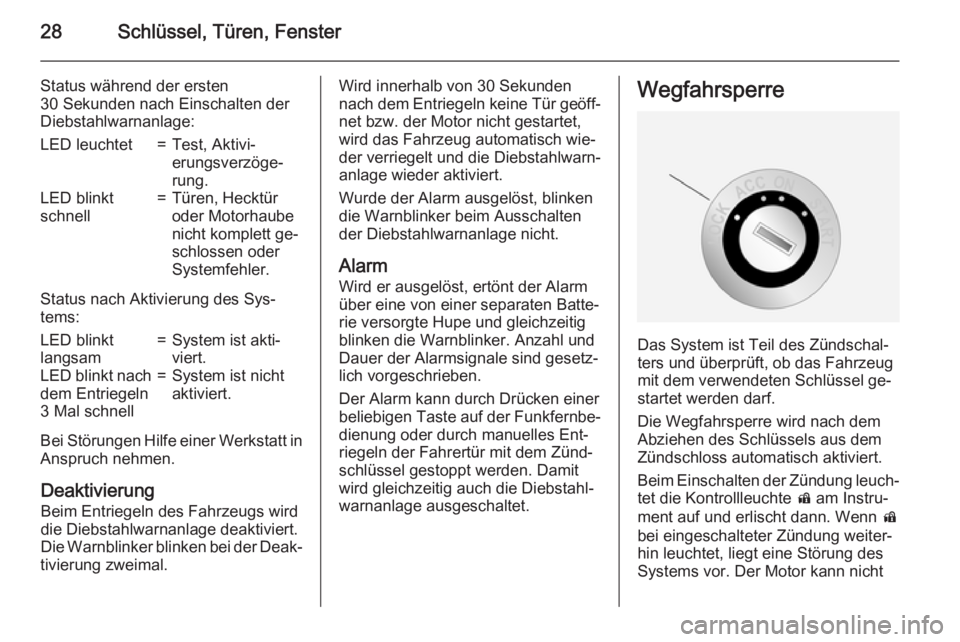 OPEL ANTARA 2015  Betriebsanleitung (in German) 28Schlüssel, Türen, Fenster
Status während der ersten
30 Sekunden nach Einschalten der
Diebstahlwarnanlage:LED leuchtet=Test, Aktivi‐
erungsverzöge‐
rung.LED blinkt
schnell=Türen, Hecktür
od