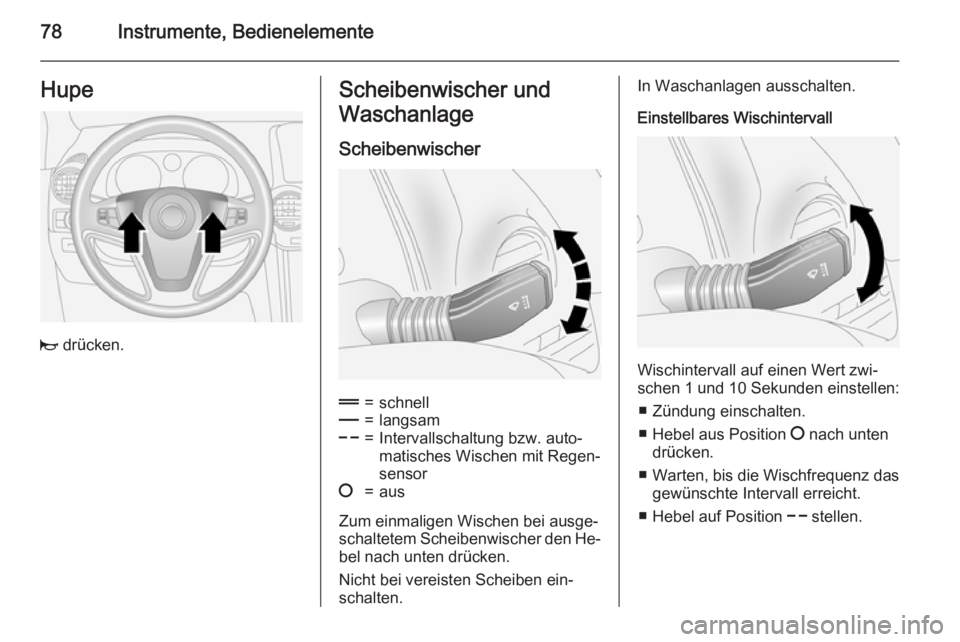 OPEL ANTARA 2015  Betriebsanleitung (in German) 78Instrumente, BedienelementeHupe
j drücken.
Scheibenwischer und
Waschanlage
Scheibenwischer&=schnell%=langsam$=Intervallschaltung bzw. auto‐
matisches Wischen mit Regen‐
sensor§=aus
Zum einmali