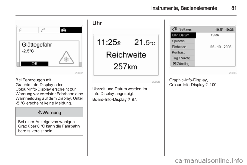 OPEL ANTARA 2015  Betriebsanleitung (in German) Instrumente, Bedienelemente81
Bei Fahrzeugen mit
Graphic-Info-Display oder
Colour-Info-Display erscheint zur
Warnung vor vereister Fahrbahn eine
Warnmeldung auf dem Display. Unter -5 °C erscheint kei