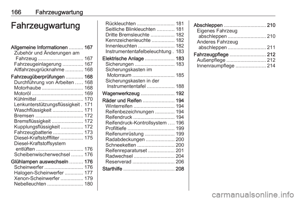 OPEL ANTARA 2017.5  Betriebsanleitung (in German) 166FahrzeugwartungFahrzeugwartungAllgemeine Informationen..........167
Zubehör und Änderungen am Fahrzeug ................................ 167
Fahrzeugeinlagerung ..............167
Altfahrzeugrückn
