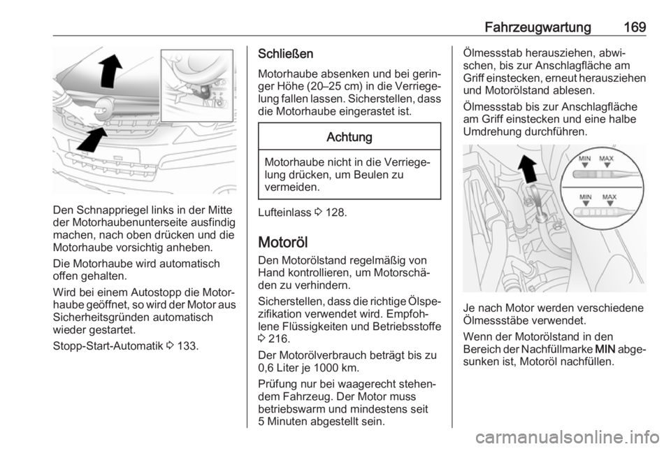 OPEL ANTARA 2017.5  Betriebsanleitung (in German) Fahrzeugwartung169
Den Schnappriegel links in der Mitte
der Motorhaubenunterseite ausfindig machen, nach oben drücken und die
Motorhaube vorsichtig anheben.
Die Motorhaube wird automatisch
offen geha