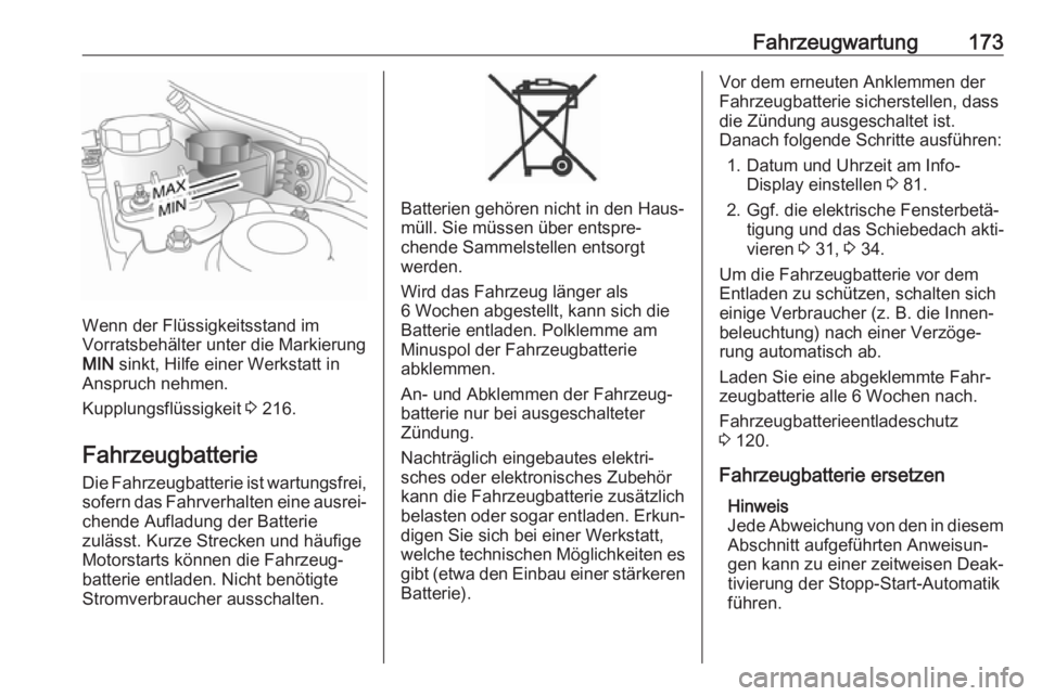 OPEL ANTARA 2017.5  Betriebsanleitung (in German) Fahrzeugwartung173
Wenn der Flüssigkeitsstand im
Vorratsbehälter unter die Markierung
MIN  sinkt, Hilfe einer Werkstatt in
Anspruch nehmen.
Kupplungsflüssigkeit  3 216.
Fahrzeugbatterie
Die Fahrzeu