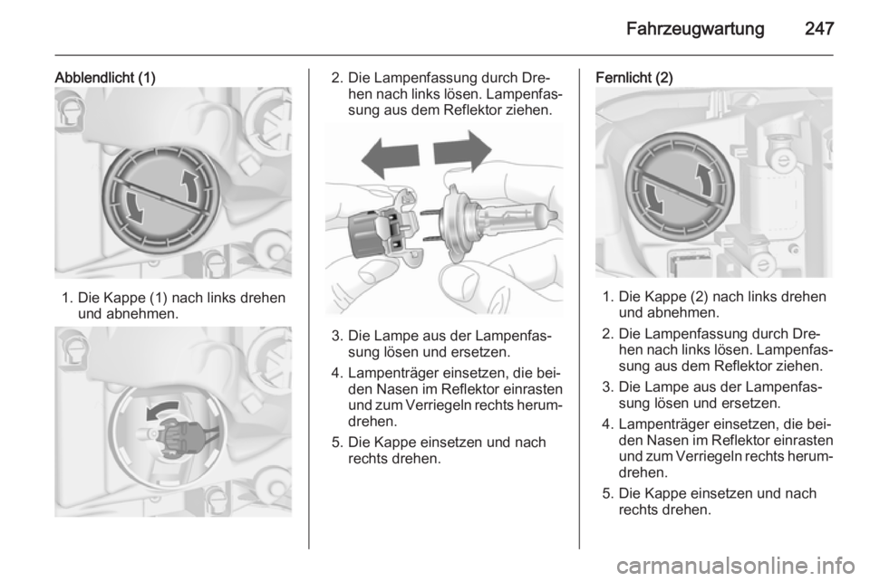 OPEL ASTRA J 2014  Betriebsanleitung (in German) Fahrzeugwartung247
Abblendlicht (1)
1. Die Kappe (1) nach links drehenund abnehmen.
2. Die Lampenfassung durch Dre‐hen nach links lösen. Lampenfas‐sung aus dem Reflektor ziehen.
3. Die Lampe aus 