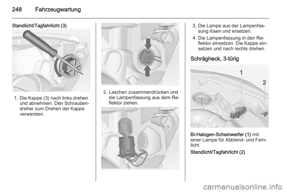 OPEL ASTRA J 2014  Betriebsanleitung (in German) 248Fahrzeugwartung
Standlicht/Tagfahrlicht (3)
1. Die Kappe (3) nach links drehenund abnehmen. Den Schrauben‐
dreher zum Drehen der Kappe
verwenden.
2. Laschen zusammendrücken und die Lampenfassung