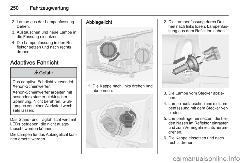 OPEL ASTRA J 2014  Betriebsanleitung (in German) 250Fahrzeugwartung
2. Lampe aus der Lampenfassungziehen.
3. Austauschen und neue Lampe in die Fassung einsetzen.
4. Die Lampenfassung in den Re‐ flektor setzen und nach rechts
drehen.
Adaptives Fahr