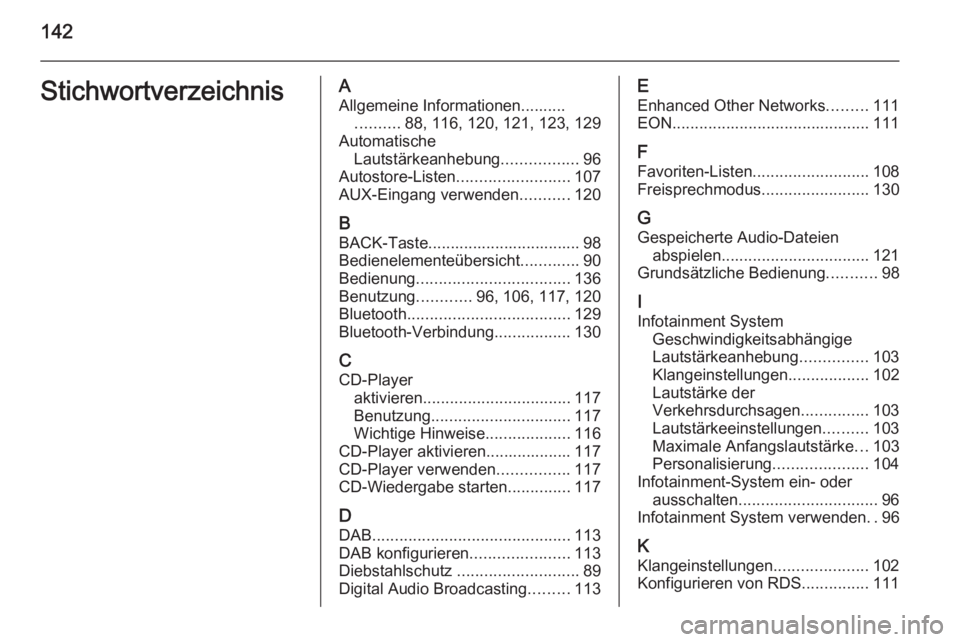OPEL ASTRA J 2014.5  Infotainment-Handbuch (in German) 142StichwortverzeichnisAAllgemeine Informationen.......... .......... 88, 116, 120, 121, 123, 129
Automatische Lautstärkeanhebung .................96
Autostore-Listen ......................... 107
AU