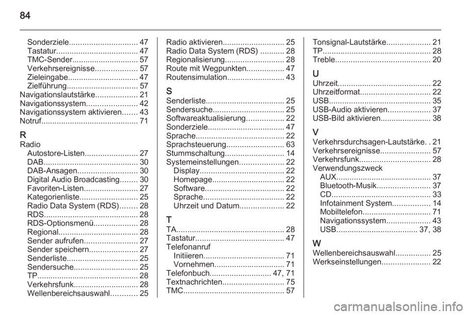 OPEL ASTRA J 2014.5  Infotainment-Handbuch (in German) 84
Sonderziele............................... 47
Tastatur ..................................... 47
TMC-Sender.............................. 57
Verkehrsereignisse ...................57
Zieleingabe.....