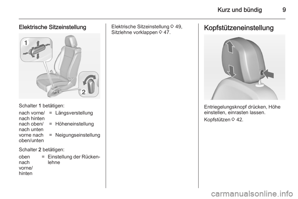 OPEL ASTRA J 2014.5  Betriebsanleitung (in German) Kurz und bündig9
Elektrische Sitzeinstellung
Schalter 1 betätigen:
nach vorne/
nach hinten=Längsverstellungnach oben/
nach unten=Höheneinstellungvorne nach
oben/unten=Neigungseinstellung
Schalter 