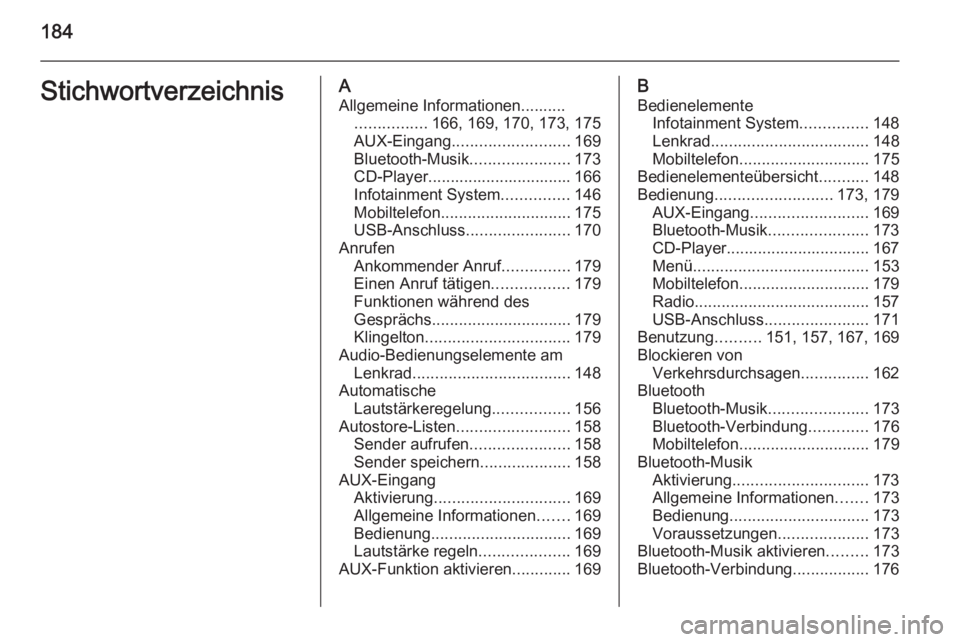 OPEL ASTRA J 2015  Infotainment-Handbuch (in German) 184StichwortverzeichnisAAllgemeine Informationen.......... ................ 166, 169, 170, 173, 175
AUX-Eingang .......................... 169
Bluetooth-Musik ......................173
CD-Player......