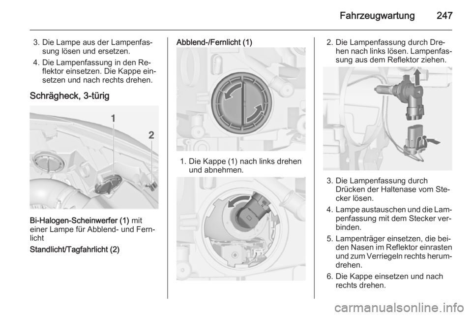 OPEL ASTRA J 2015 Betriebsanleitung (in German) Fahrzeugwartung247
3. Die Lampe aus der Lampenfas‐sung lösen und ersetzen.
4. Die Lampenfassung in den Re‐ flektor einsetzen. Die Kappe ein‐
setzen und nach rechts drehen.
Schrägheck, 3-türig OPEL ASTRA J 2015 Betriebsanleitung (in German) Fahrzeugwartung247
3. Die Lampe aus der Lampenfas‐sung lösen und ersetzen.
4. Die Lampenfassung in den Re‐ flektor einsetzen. Die Kappe ein‐
setzen und nach rechts drehen.
Schrägheck, 3-türig