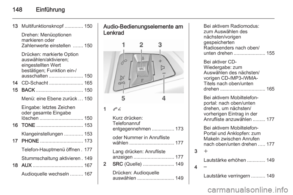 OPEL ASTRA J 2015.5 Infotainment-Handbuch (in German) 148Einführung
13Multifunktionsknopf .............150
Drehen: Menüoptionen
markieren oder
Zahlenwerte einstellen .......150
Drücken: markierte Option
auswählen/aktivieren;
eingestellten Wert
best OPEL ASTRA J 2015.5 Infotainment-Handbuch (in German) 148Einführung
13Multifunktionsknopf .............150
Drehen: Menüoptionen
markieren oder
Zahlenwerte einstellen .......150
Drücken: markierte Option
auswählen/aktivieren;
eingestellten Wert
best