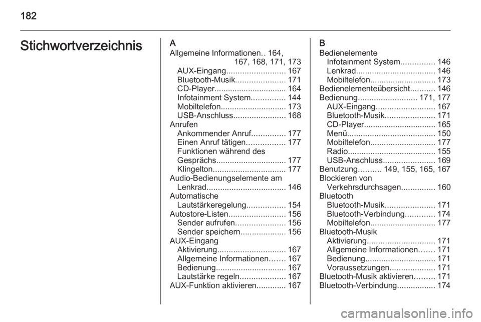 OPEL ASTRA J 2015.5 Infotainment-Handbuch (in German) 182StichwortverzeichnisAAllgemeine Informationen ..164,
167, 168, 171, 173
AUX-Eingang .......................... 167
Bluetooth-Musik ......................171
CD-Player............................... OPEL ASTRA J 2015.5 Infotainment-Handbuch (in German) 182StichwortverzeichnisAAllgemeine Informationen ..164,
167, 168, 171, 173
AUX-Eingang .......................... 167
Bluetooth-Musik ......................171
CD-Player...............................