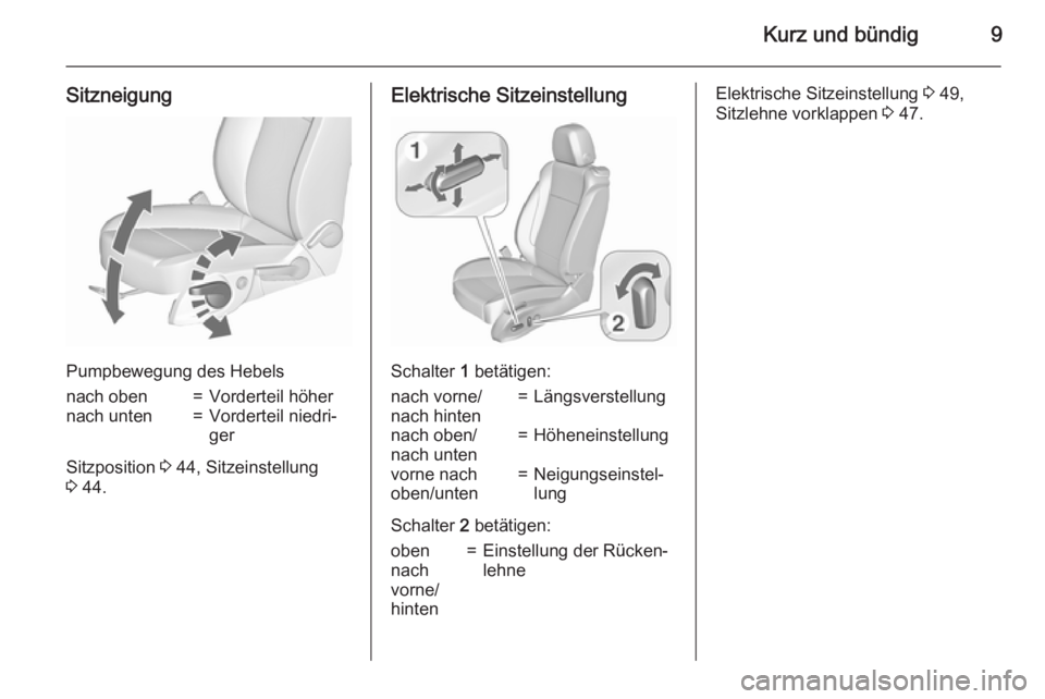 OPEL ASTRA J 2015.5  Betriebsanleitung (in German) Kurz und bündig9
Sitzneigung
Pumpbewegung des Hebels
nach oben=Vorderteil höhernach unten=Vorderteil niedri‐
ger
Sitzposition  3 44, Sitzeinstellung
3  44.
Elektrische Sitzeinstellung
Schalter  1 