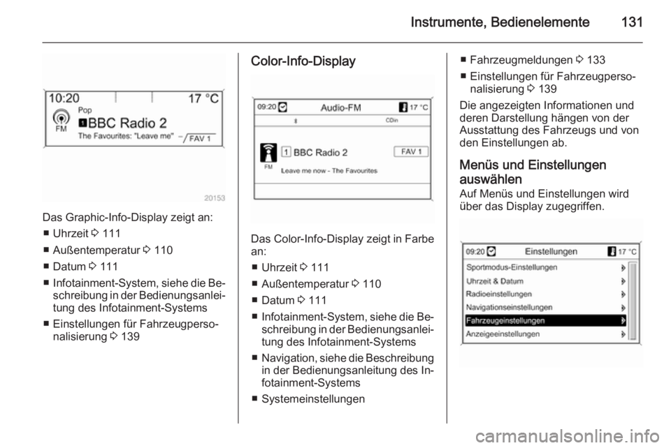 OPEL ASTRA J 2015.75  Betriebsanleitung (in German) Instrumente, Bedienelemente131
Das Graphic-Info-Display zeigt an:■ Uhrzeit  3 111
■ Außentemperatur  3 110
■ Datum  3 111
■ Infotainment-System, siehe die Be‐
schreibung in der Bedienungsan