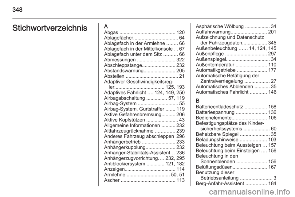 OPEL ASTRA J 2015.75 Betriebsanleitung (in German) 348StichwortverzeichnisAAbgas ........................................ 120
Ablagefächer ................................ 64
Ablagefach in der Armlehne ........66
Ablagefach in der Mittelkonsole .. OPEL ASTRA J 2015.75 Betriebsanleitung (in German) 348StichwortverzeichnisAAbgas ........................................ 120
Ablagefächer ................................ 64
Ablagefach in der Armlehne ........66
Ablagefach in der Mittelkonsole ..