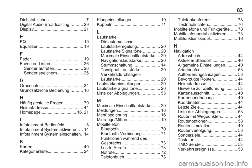 OPEL ASTRA J 2016 Infotainment-Handbuch (in German) 83Diebstahlschutz ............................. 7
Digital Audio Broadcasting ...........29
Display .......................................... 21
E EQ ................................................ 1 OPEL ASTRA J 2016 Infotainment-Handbuch (in German) 83Diebstahlschutz ............................. 7
Digital Audio Broadcasting ...........29
Display .......................................... 21
E EQ ................................................ 1