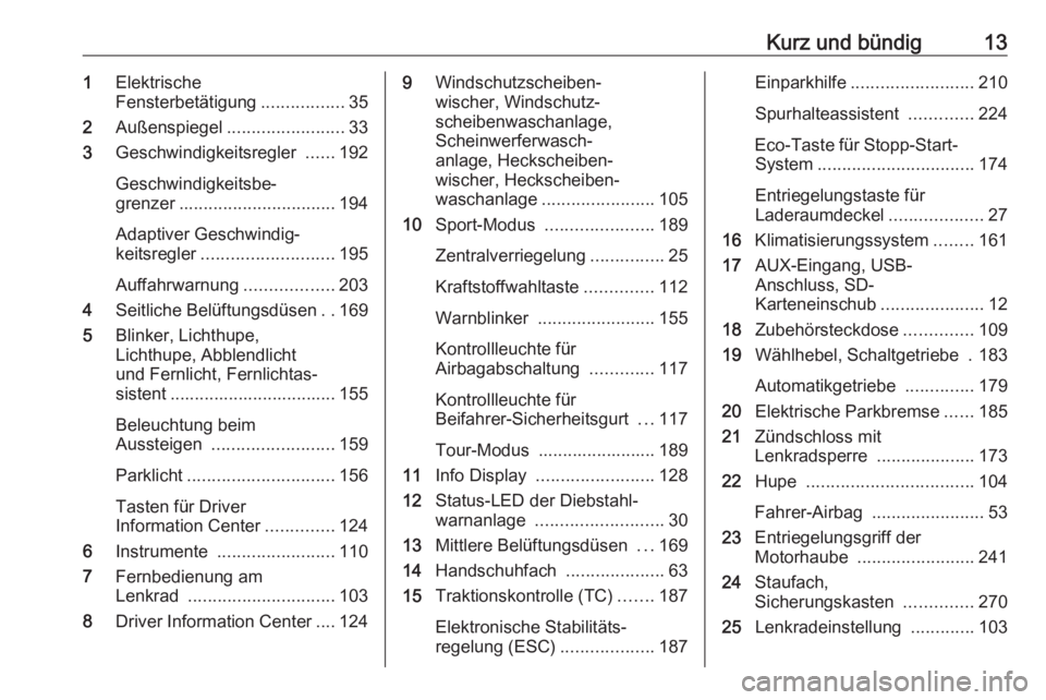 OPEL ASTRA J 2016  Betriebsanleitung (in German) Kurz und bündig131Elektrische
Fensterbetätigung .................35
2 Außenspiegel ........................ 33
3 Geschwindigkeitsregler  ......192
Geschwindigkeitsbe‐
grenzer ....................