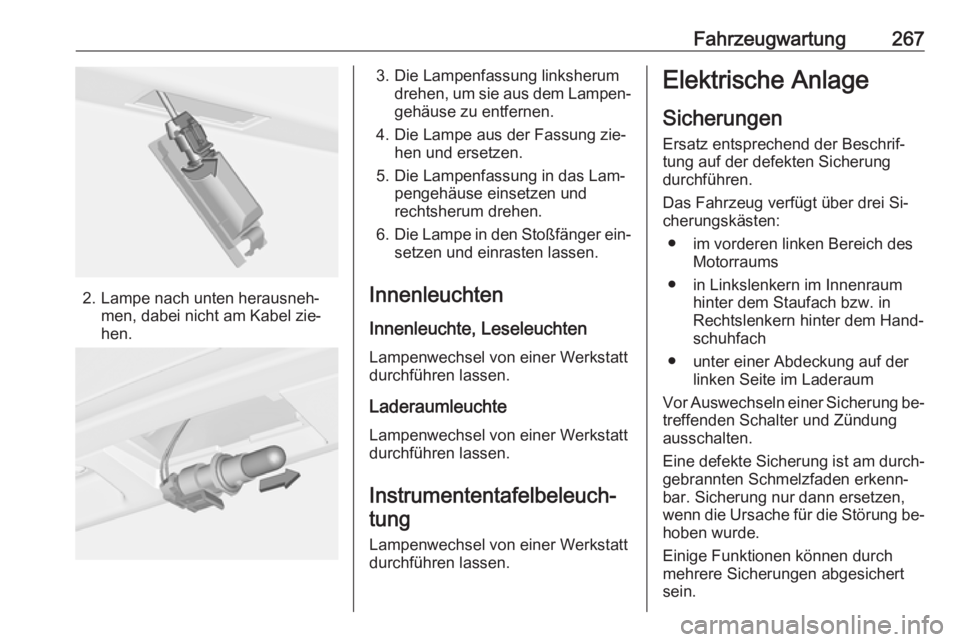 OPEL ASTRA J 2016 Betriebsanleitung (in German) Fahrzeugwartung267
2. Lampe nach unten herausneh‐men, dabei nicht am Kabel zie‐
hen.
3. Die Lampenfassung linksherum drehen, um sie aus dem Lampen‐
gehäuse zu entfernen.
4. Die Lampe aus der Fa OPEL ASTRA J 2016 Betriebsanleitung (in German) Fahrzeugwartung267
2. Lampe nach unten herausneh‐men, dabei nicht am Kabel zie‐
hen.
3. Die Lampenfassung linksherum drehen, um sie aus dem Lampen‐
gehäuse zu entfernen.
4. Die Lampe aus der Fa