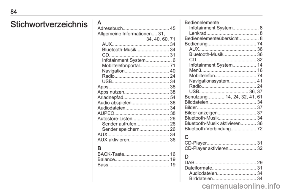 OPEL ASTRA J 2017  Infotainment-Handbuch (in German) 84StichwortverzeichnisAAdressbuch................................... 45Allgemeine Informationen ....31,
34, 40, 60, 71
AUX ........................................... 34
Bluetooth-Musik ..............