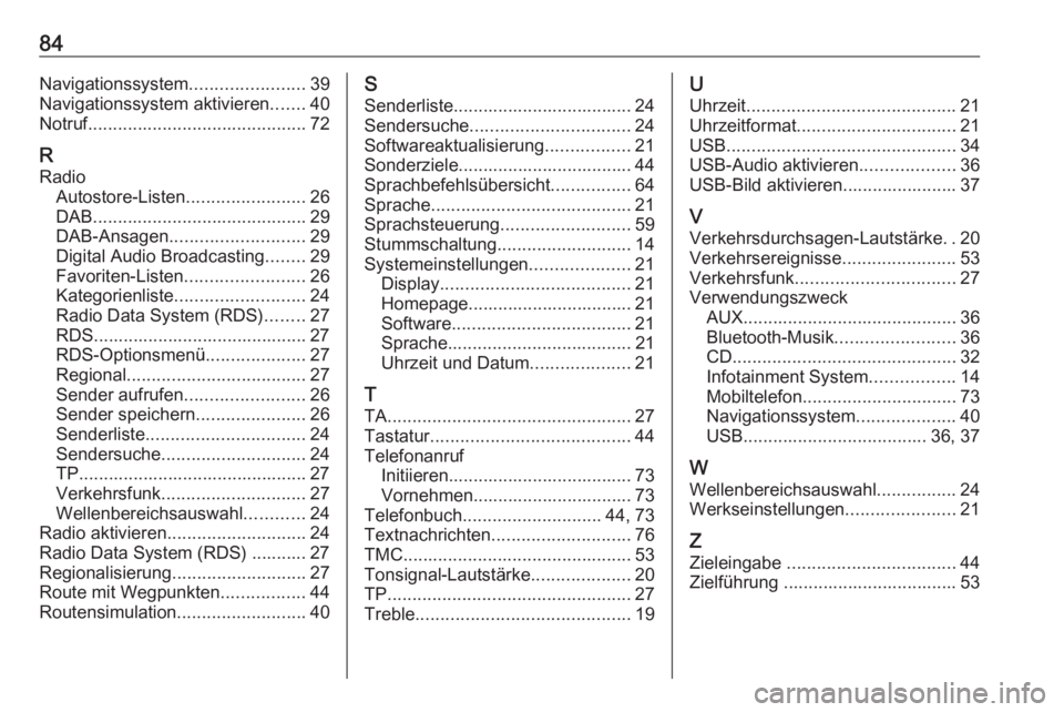 OPEL ASTRA J 2018 Infotainment-Handbuch (in German) 84Navigationssystem.......................39
Navigationssystem aktivieren .......40
Notruf ............................................ 72
R Radio Autostore-Listen ........................26
DAB ..... OPEL ASTRA J 2018 Infotainment-Handbuch (in German) 84Navigationssystem.......................39
Navigationssystem aktivieren .......40
Notruf ............................................ 72
R Radio Autostore-Listen ........................26
DAB .....