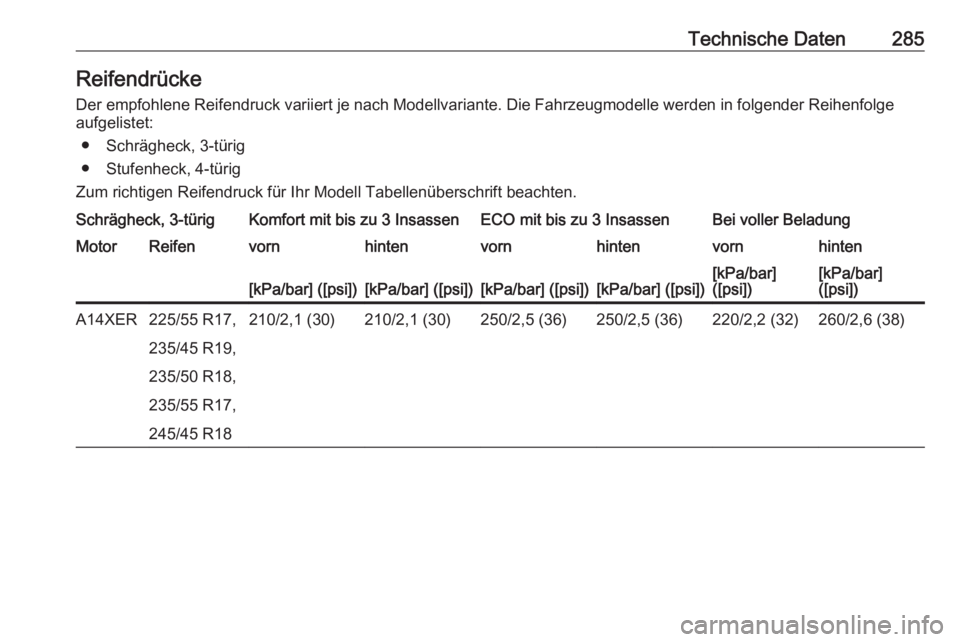 OPEL ASTRA J 2018  Betriebsanleitung (in German) Technische Daten285Reifendrücke
Der empfohlene Reifendruck variiert je nach Modellvariante. Die Fahrzeugmodelle werden in folgender Reihenfolge aufgelistet:
● Schrägheck, 3-türig
● Stufenheck, 